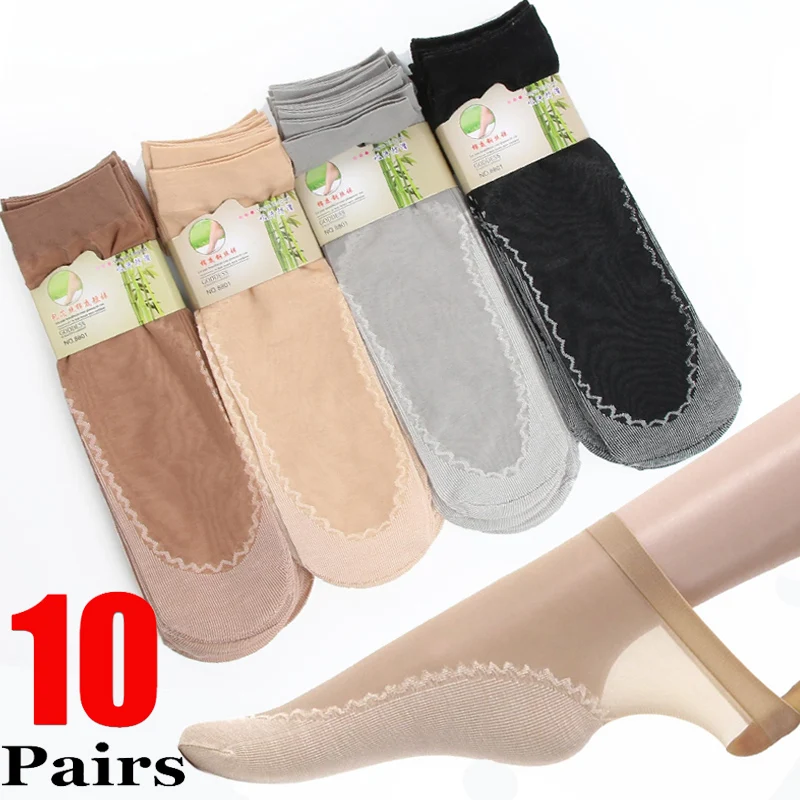 

5/10 Pairs Spring Summer Women Soft Socks Thin Silk Socks Non-Slip Bottom Splice Fashion Transparent Ladies Breathable Sock