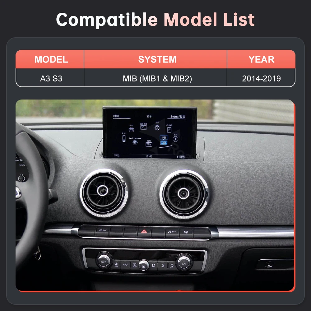Pantalla táctil Multimedia CarPlay inalámbrica de 12,3 pulgadas para Audi A3 S3 2014-2019 con funciones Android Auto Airplay Autolink 2
