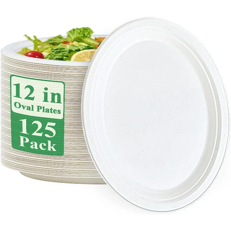 

100% Compostable Oval Paper Plates 12 inch 125 Pack Super Strong Disposable Paper Plates Bagasse Natural Biodegradable