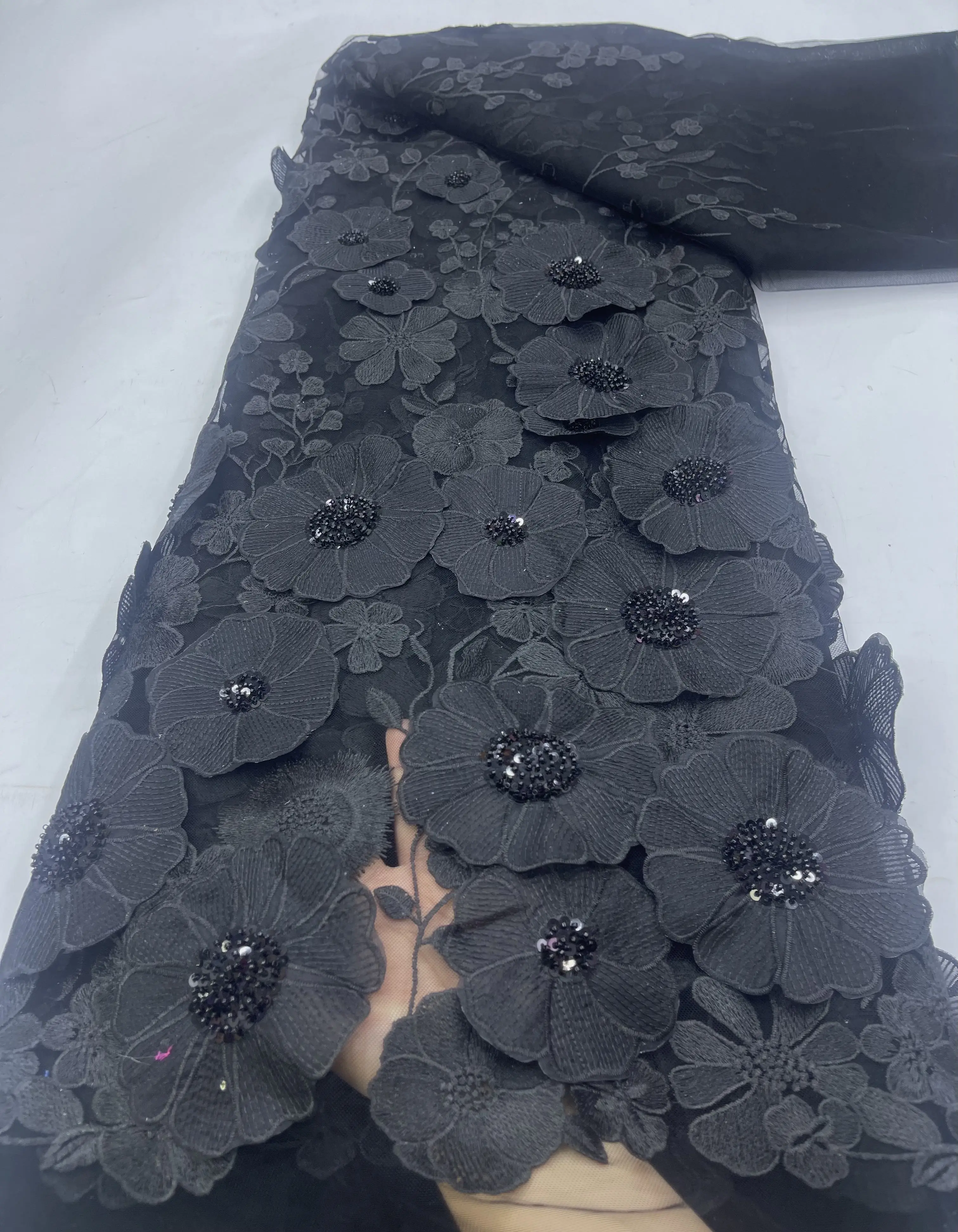 

Black African Beaded Net Lace Fabric 3D Flower Material Embroidery Tulle French Mesh Lace Fabric With Sequins Beads For Wedding