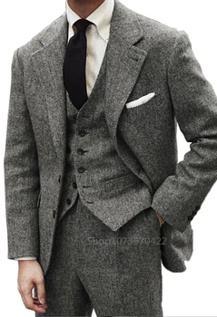 Abito da uomo invernale in Tweed di lana grigia per matrimonio smoking da sposo formale a spina di pesce moda maschile 3 pezzi (giacca + gilet + pantaloni) 1