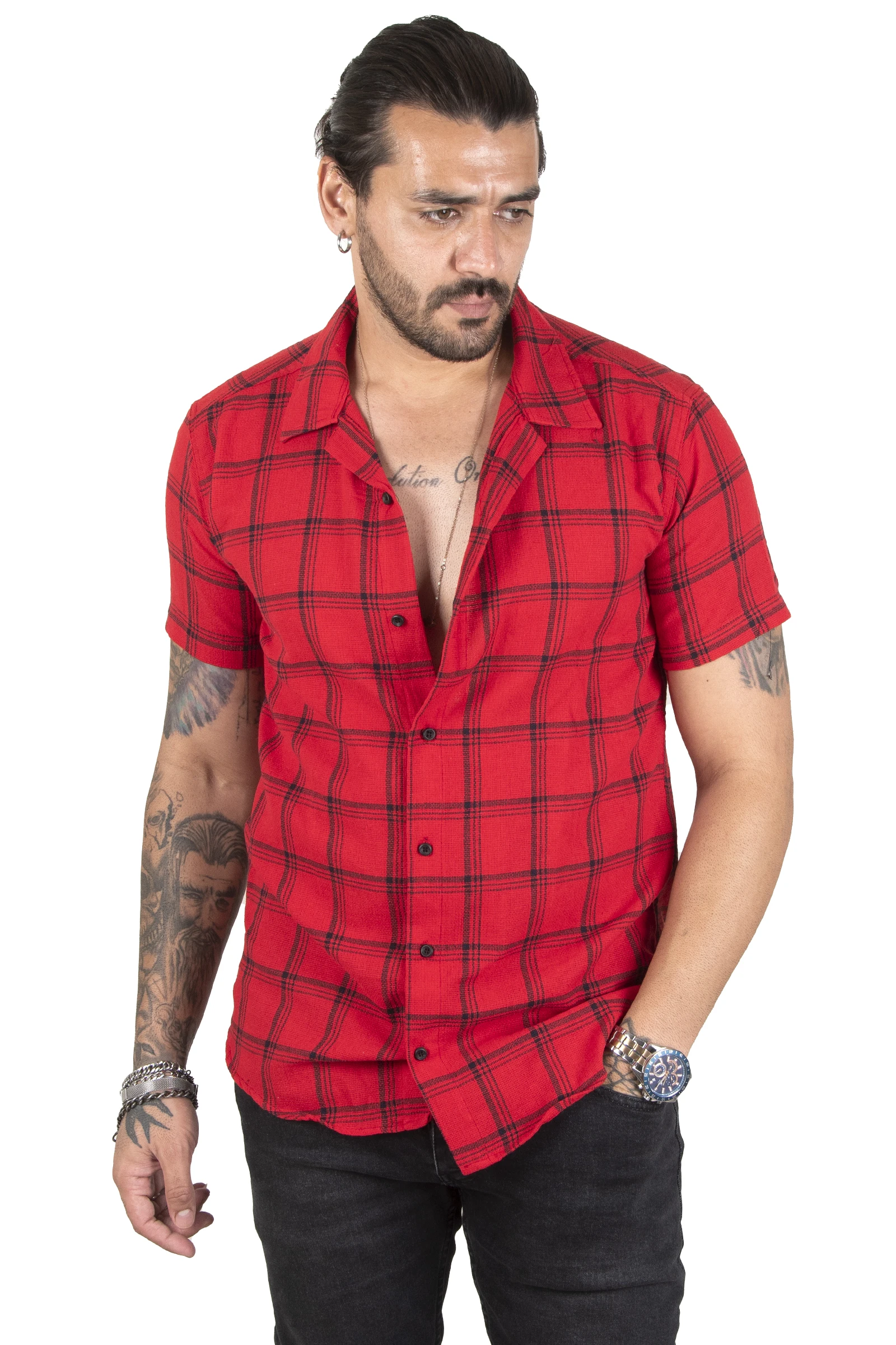 DeepSEA Plaid Patterned Tight Fit Short Sleeve Raw Linen Men Shirt 2201924