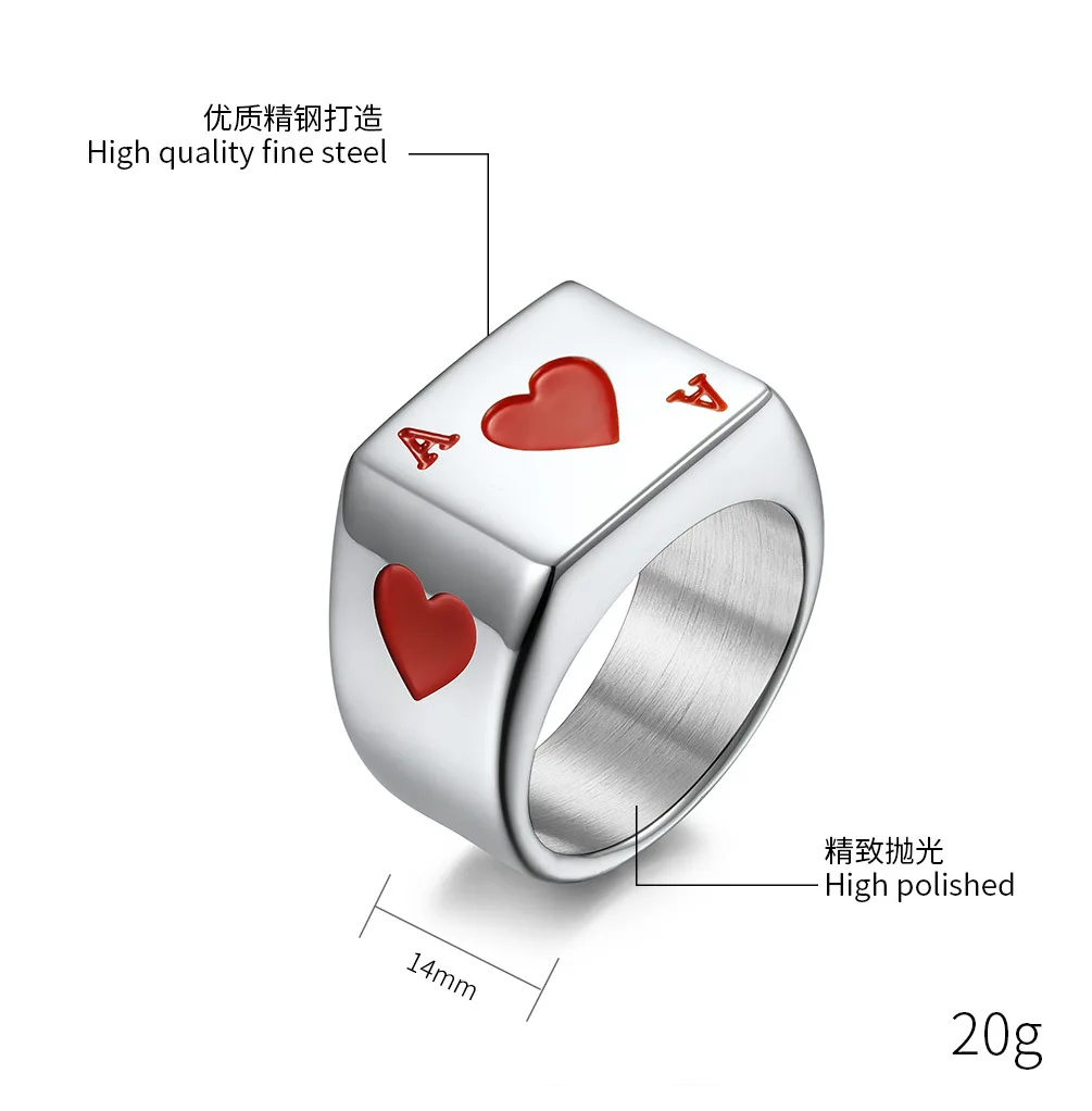 316L Stainless Steel Poker ARed Black Heart Ring for Men and Boys Punk Spades Signet Ring 6