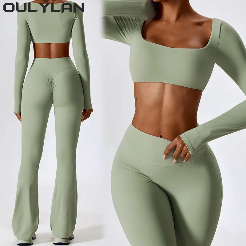 

Leggings Workout Breathable T Shirts Bra Tank Top Loose Bell-bottoms Women's 2pcs Gym Yoga Suit Tight Fitting Sports Set