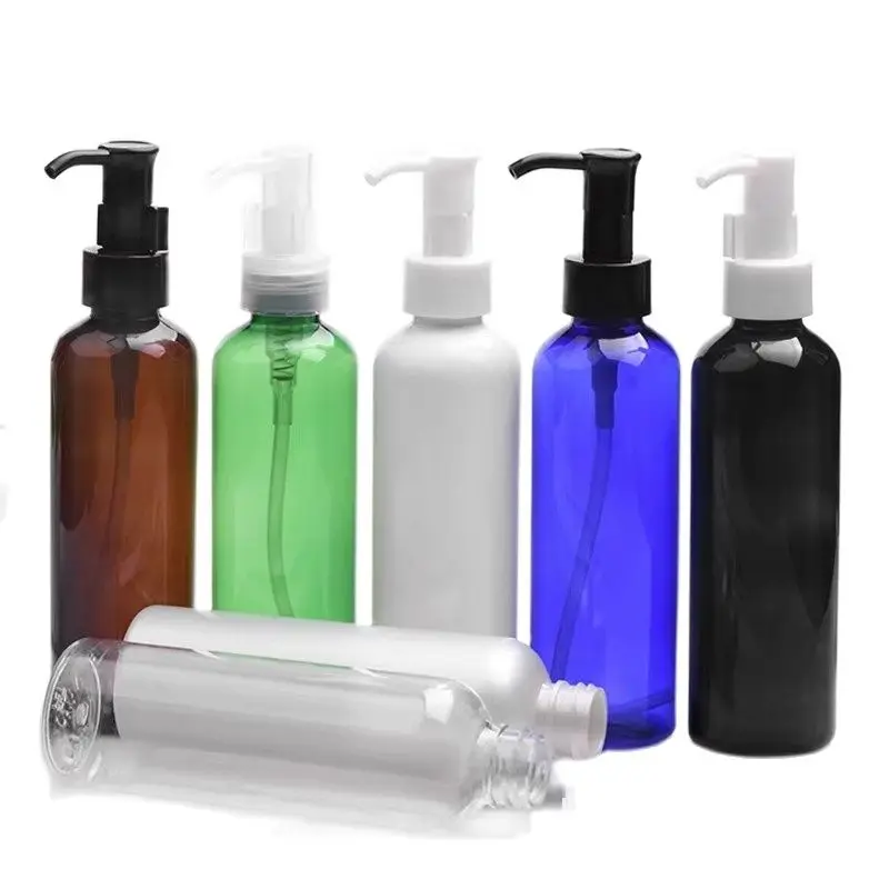 

30pcs Lotion Bottle Plastic PET Empty Round Cosmetic Refillable Oil Pump Clear Brown Green Blue Shampoo Shower Gel Bottles 200ml