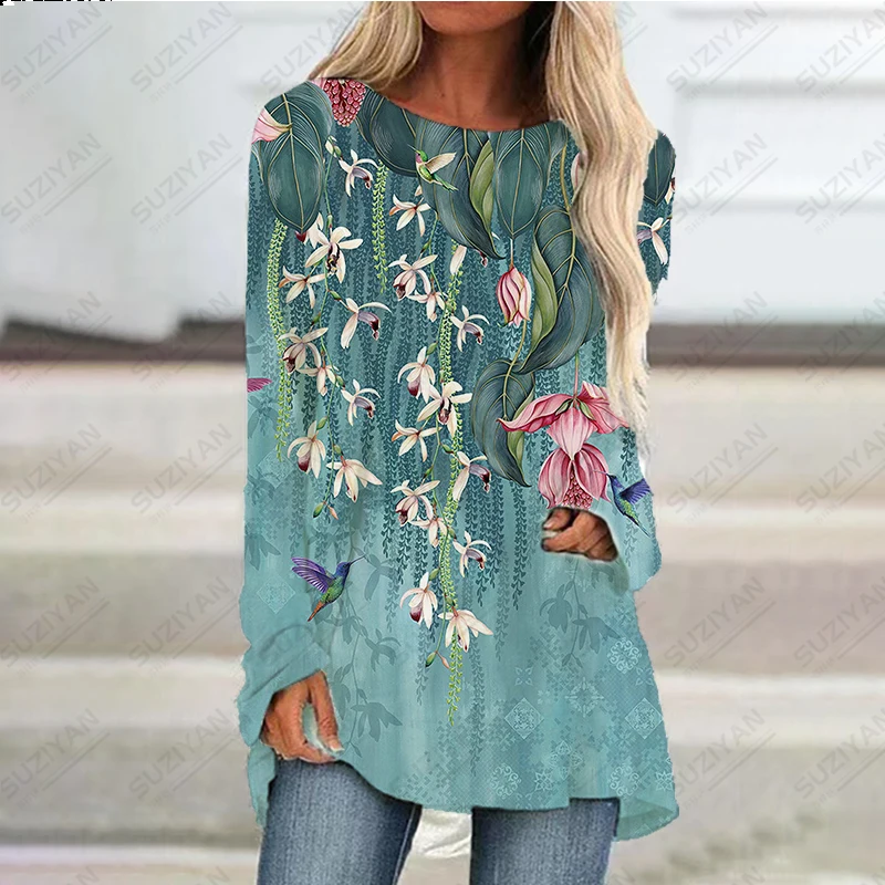 Oil Painting Flower Round Neck Long Sleeve Printed Street Leisure Breathable Top Fashion Hot Selling Women's Raglan Sleeve Dress