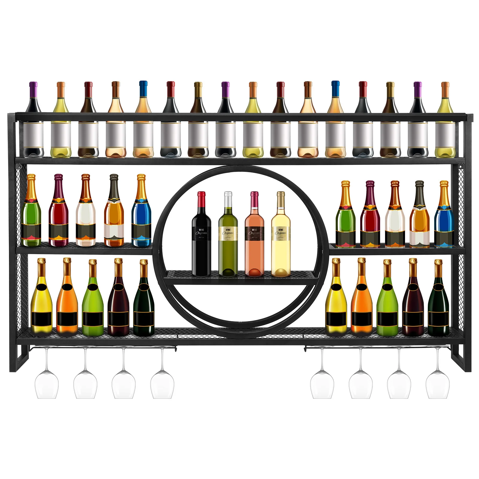 Metal Wall Wine Rack with LED Light for Home Bar