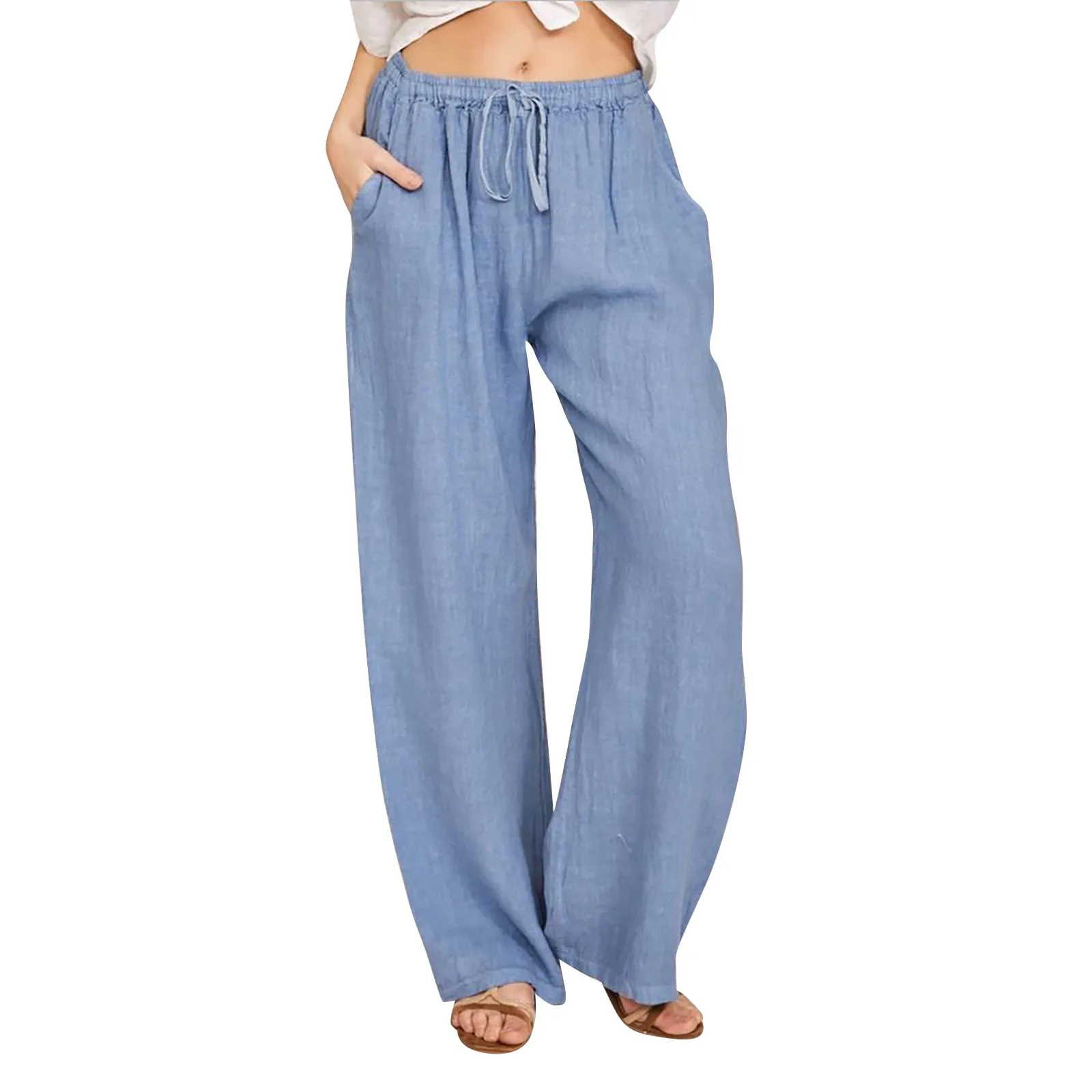 

Women Cotton Linen Pants Fashion Solid Color Elastic Waist Loose Straight Pants Female Ankle-length Trousers Summer Casual Pants