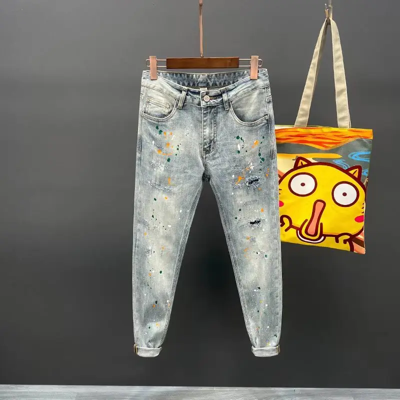 

2023 Spring Summer Men Vintage Ripped with Print Jeans Men's Fashion Print Slim Fit Pants Male Holes Pencil Denim Pants F285