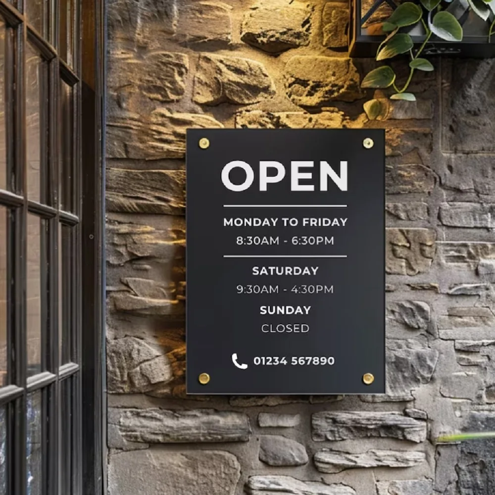 שעות עבודה אקרילי מודפסות מותאמות אישית שעות עבודה חנות כניסה זמני