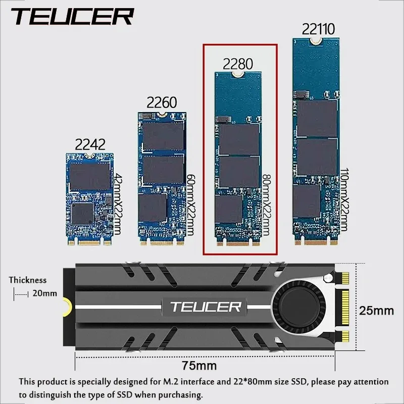 TEUCER 2280 SSD 방열판 M.2 NVME 라디에이터 공기 순환 냉각기 열 실리콘 패드가 있는 PC 효율적인 라디에이터
