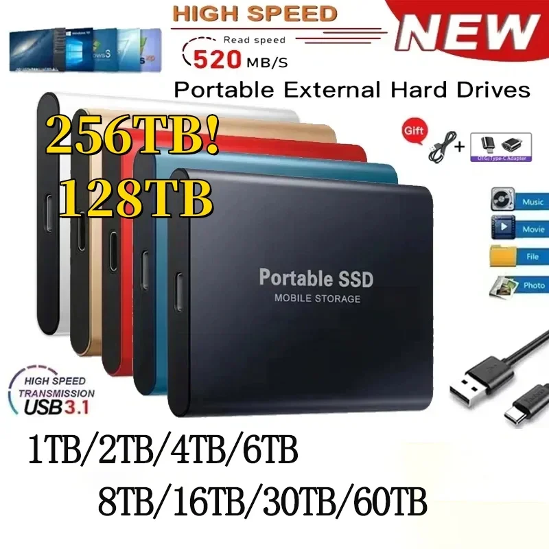 Portable External Hard Drive 100% Original External Hard Drive Portable SSD 1TB 2TB Solid State Disk Type-C/USB 3.1 High-speed Hard Disks for Laptop/Desktop