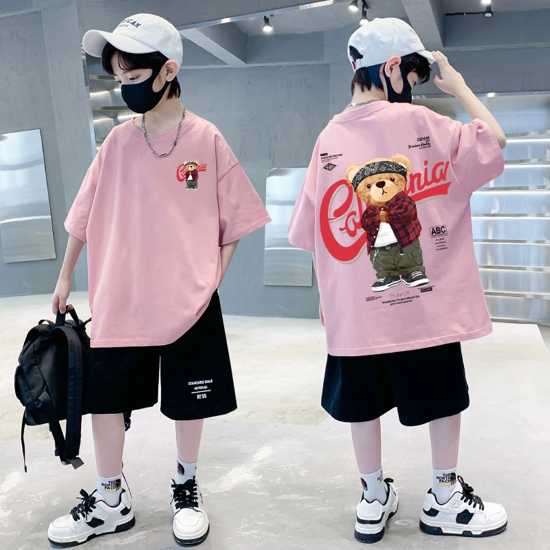 تي شيرت من القطن الخالص للأولاد تي شيرت برسومات الدب الكرتوني الرائع ملابس الأطفال الكورية تي شيرت صيفي بأكمام قصيرة تي شيرت