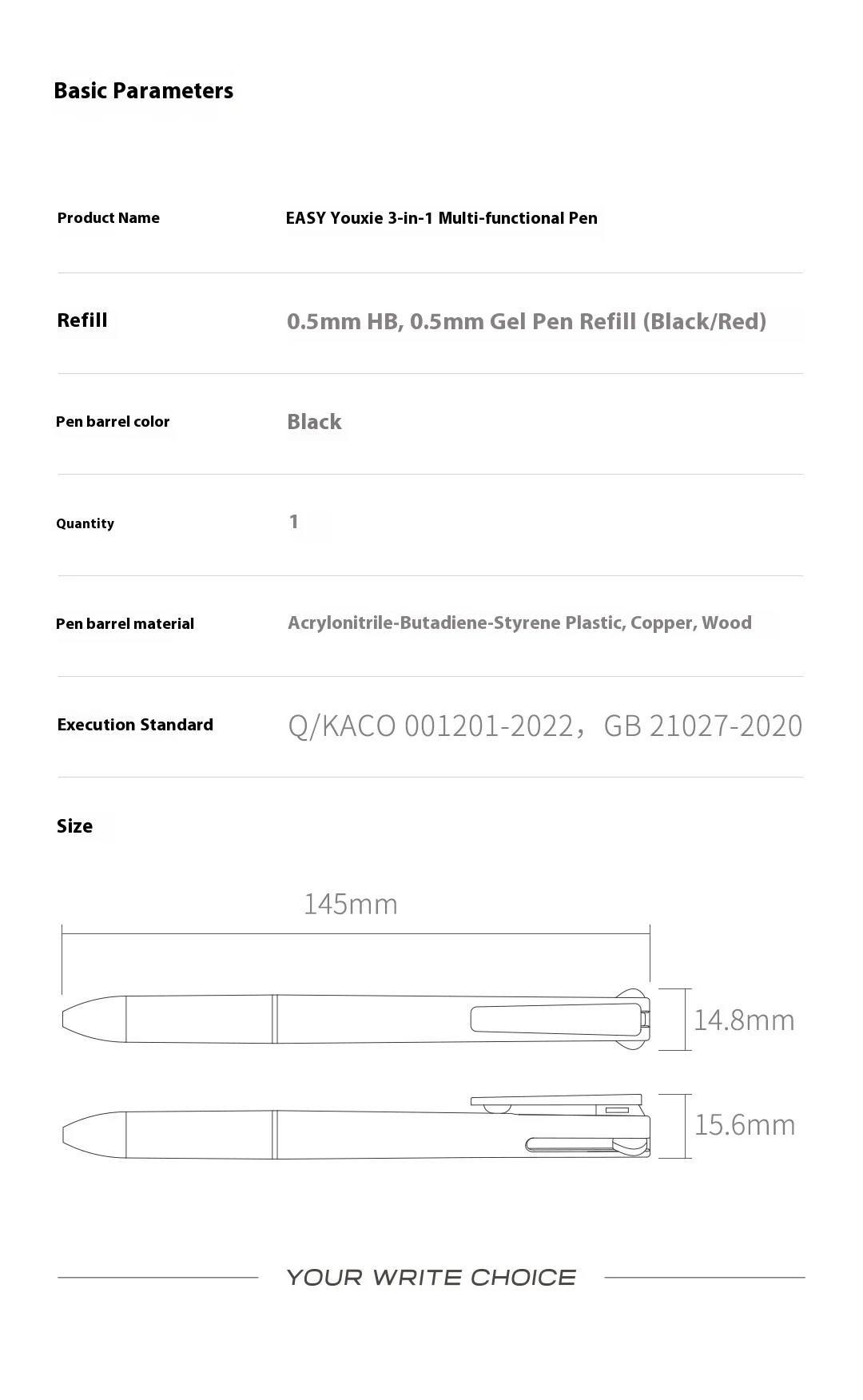Kaco 3-in-1-Multifunktionsstift aus Holzmaterial, 0,5 mm, schwarz/rot, zum Schreiben, einziehbarer Druckbleistift für den Schulanfang – Detail 12