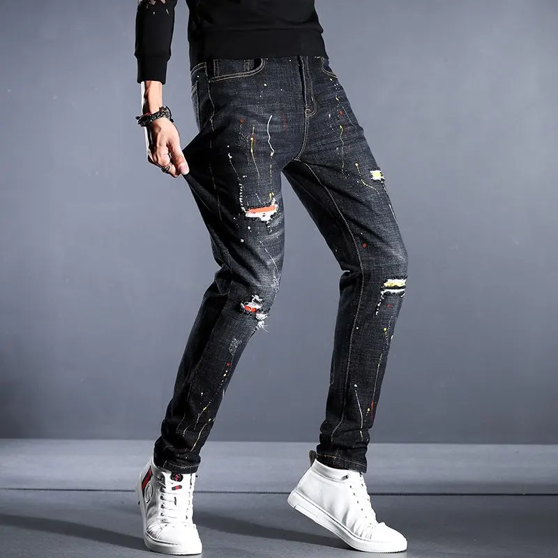 EH·MD® Black Ripped Jeans Men's Patchwork Zipper Pendant Splashed Ink Soft Zipper Belt Slim Cotton Stretch Pants Scratched 2022