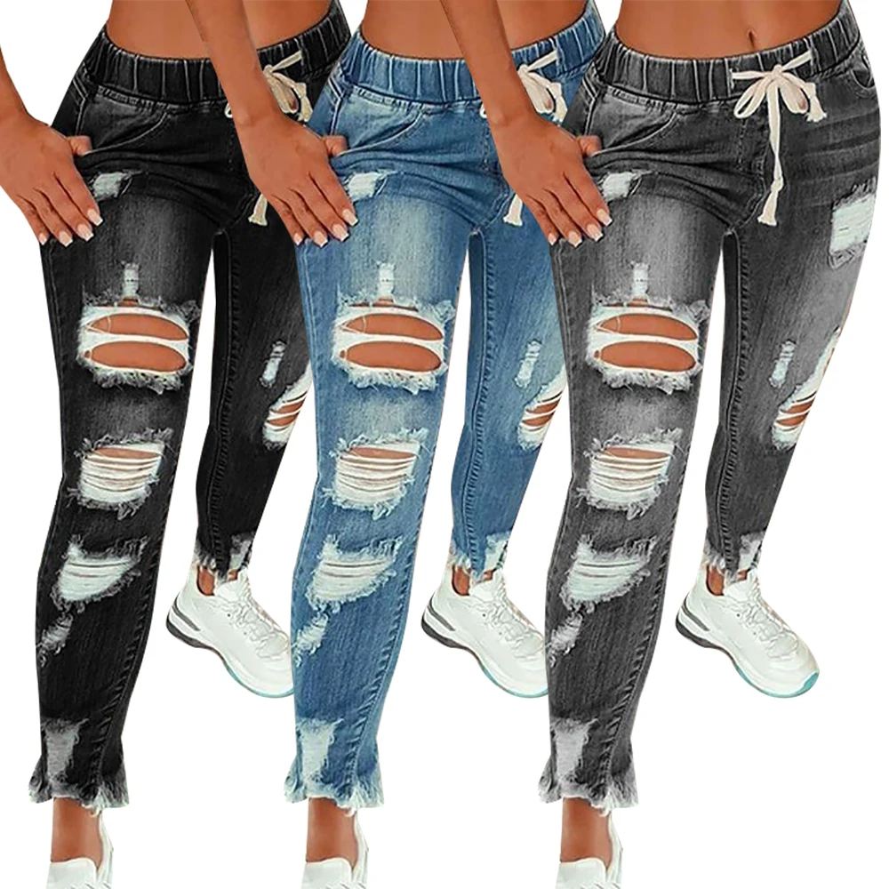 Drawstring Hole Jeans Streetwear Women Pencil Pants Ripped High Waisted Vintage Hip Hop Denim Trouser Jean Women Bottomed leather pants