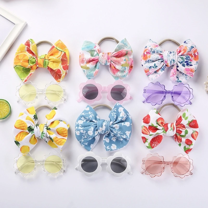 2 PCs Summer Baby Sunglasses Elastic Nylon Headband Set Heart Shape Boys Girls UV-proof Beach Sunglasses+Bow Hair Band Headwear