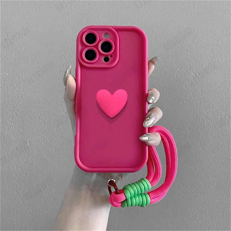 Adorable 3D Love Heart Silicone Phone Case with Lanyard Rope Cover