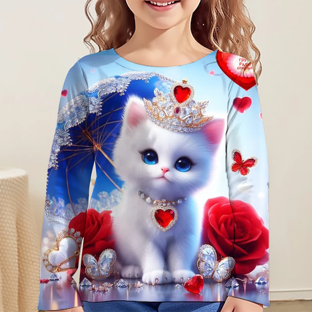 Maglietta Per Gatti Vestiti Per Ragazze Di 10 Anni Per Bambini 2023 Magliette Autunnali T-Shirt Lunga Per Bambini Con Stampa 3D Grafica Maglietta Cari