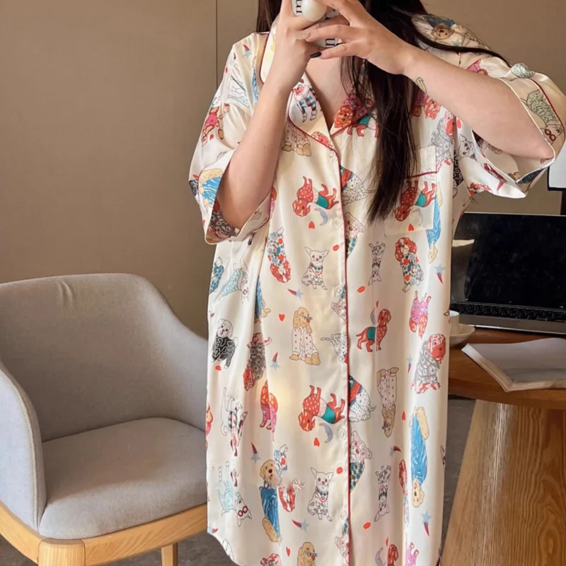 صيف جديد السيدات قميص حريري الجليد ثوب النوم رقيقة...