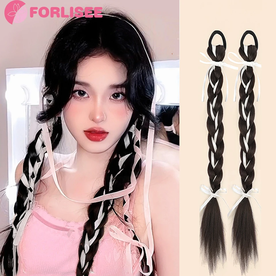 

FOR Low Ponytail Imitation Hair Natural Fluffy Fried Dough Twists Braid Playful Bow Double Ponytail Wig