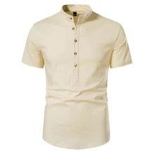 Summer New Men's Business Shirts Solid Color Classical Linen Short Sleeve Stand Collar Meeting Formal Daily Shirts