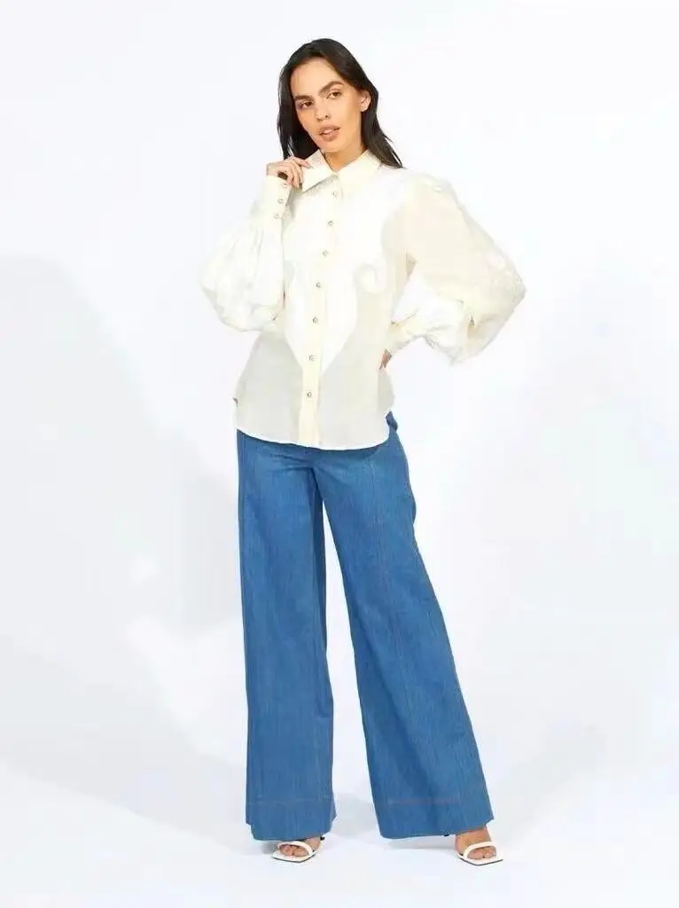 

Women Shirt Lantern Sleeve Embroidery Vintage Blouse