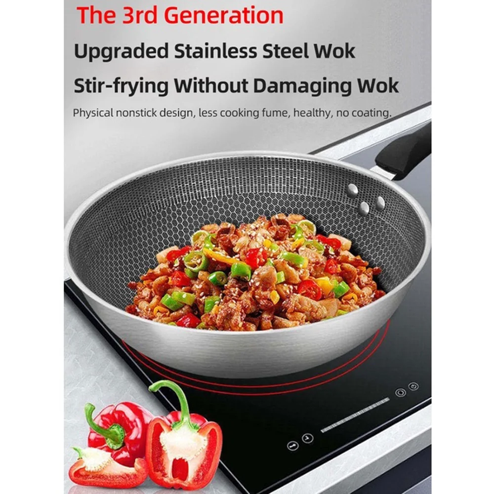 Good Price High Quality Kitchenware Non Stick Honeycomb Stainless Steel Wok With Long Handle |