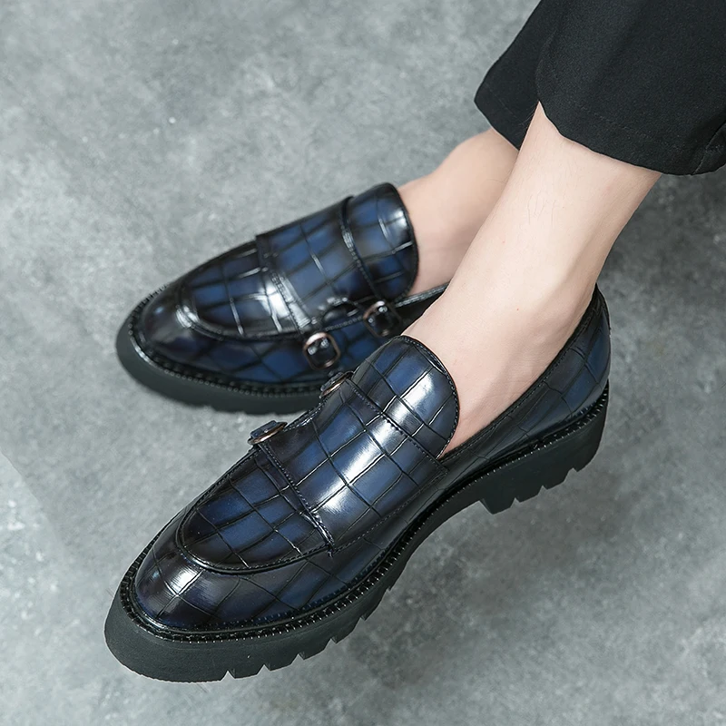 Leather Shoes English Style Double Button Loafers Mens Fashion Handmade Thick Bottom Loafers Man Party Wedding Shoes Spring Soft Moccasins