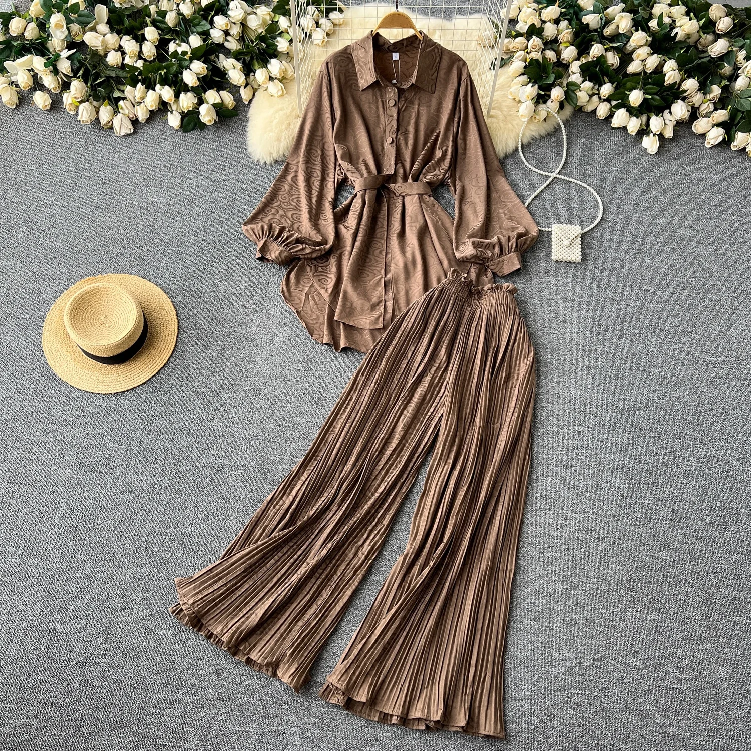 Clothland Women Vintage Print Blouse Pants Suit Loose Long Sleeve Belt Long Shirt Wide Leg Trousers Fashion Two Piece Set TA467