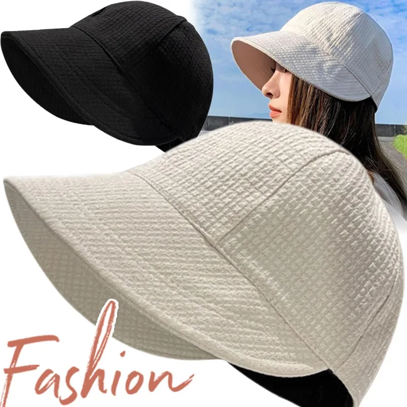 Women Sun Hat Hat Women's Autumn Waffle Bucket Hat Women's Solid Color Drawstring Peaked Cap Wide Brim Sunshade Fisherman Hats