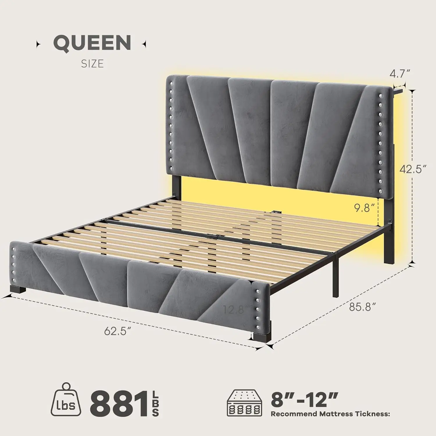 Queen Bed Frame with LED Lights & USB, Noise-Free, Grey | Adjustable Velvet Headboard,Under-Bed Storage,Heavy Duty, Customized