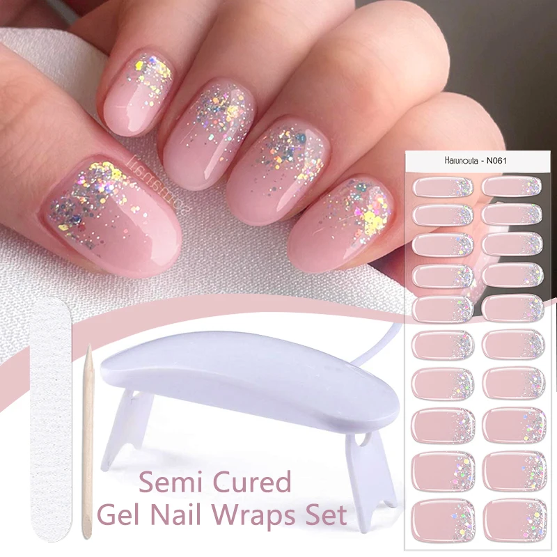 Harunouta 4pcs/set French Semi Cured Gel Nail Strips with Nail Lamp Gel Nail Polish Nail Stickers Fake Nails Manicure Decoration 2