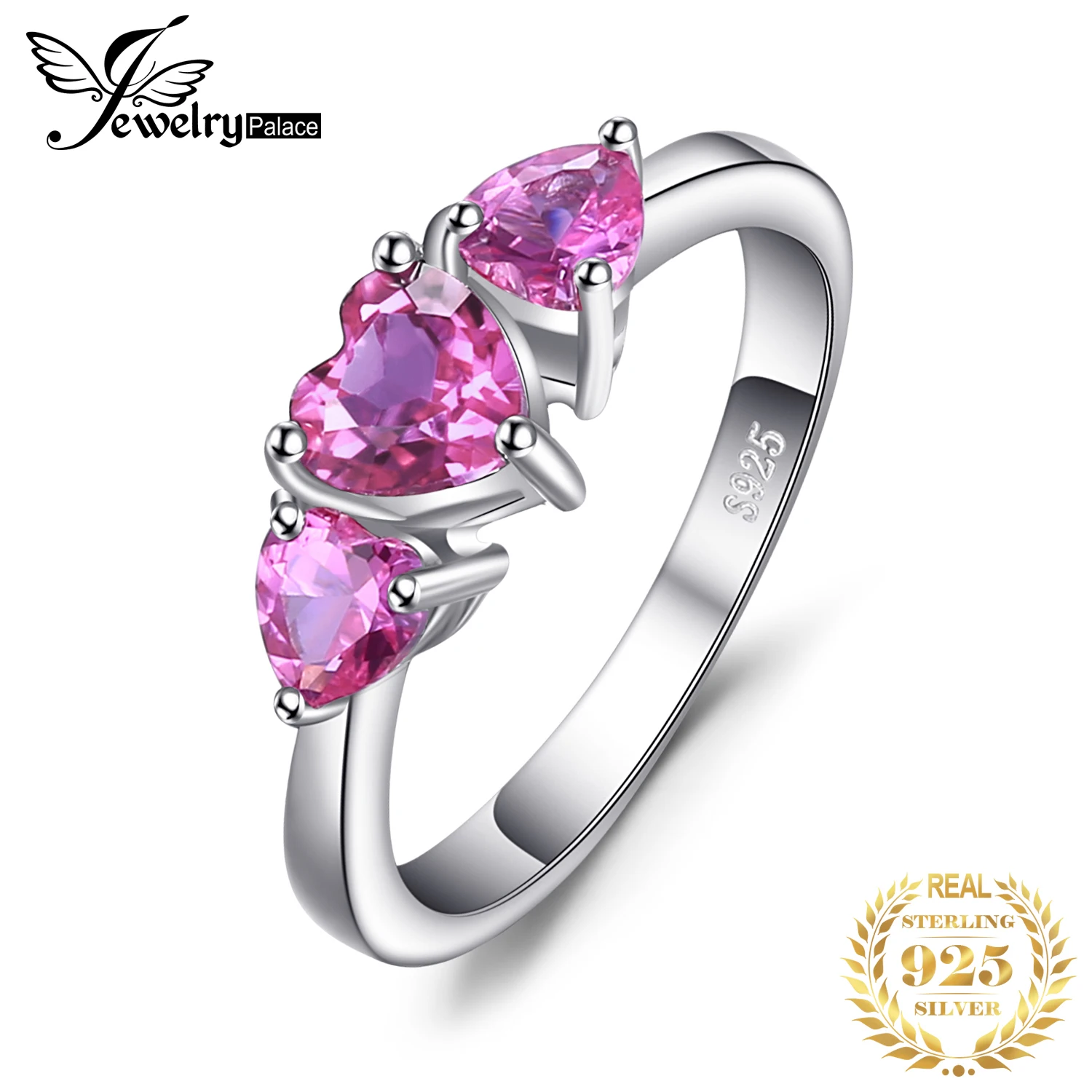 JewelryPalace 러브 하트 1.2ct 만든 핑크 사파이어 925 스털링 실버 3 돌 반지 여성을위한 패션 약혼 결혼 선물 