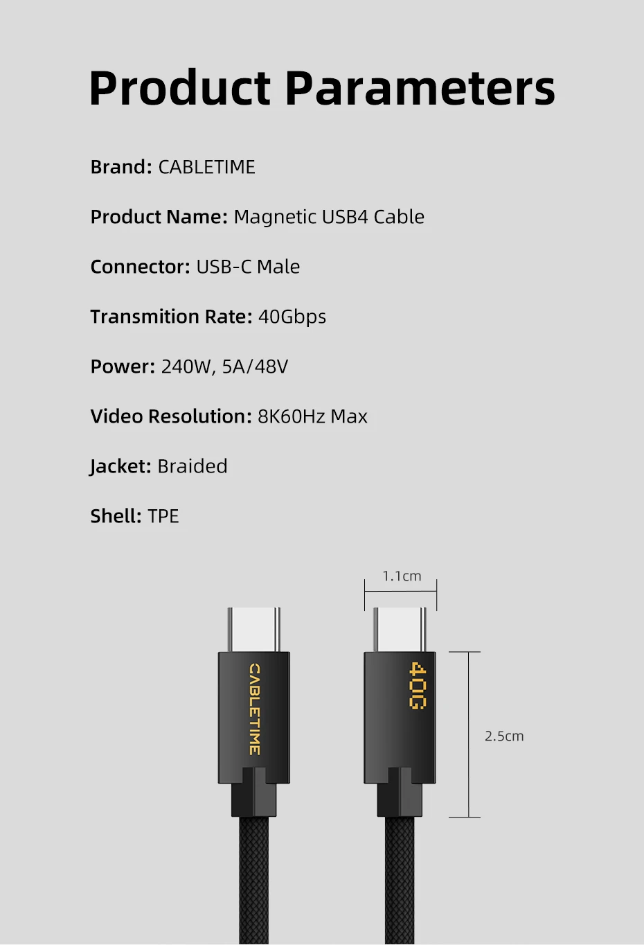 CABLETIME Magnetisches USB4-Kabel 240 W 80 Gbit/s 8K USB C auf USB C-Kabel Schnellladekabel für Thunderbolt 4/5 für iPhone iPad Laptop – Detail 14