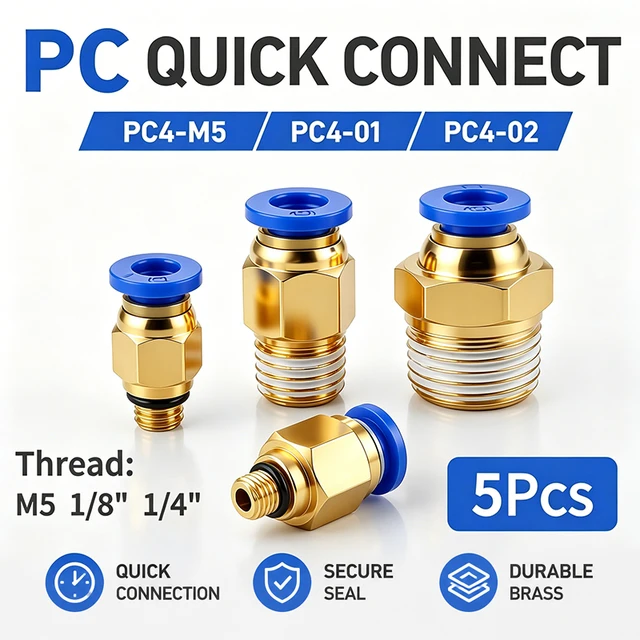 5PCS Quick Connect Air Fittings PC Series - 4mm Hose to M5 1/8" 1/4" Thread Pneumatic Push in Connector for Compressor 1