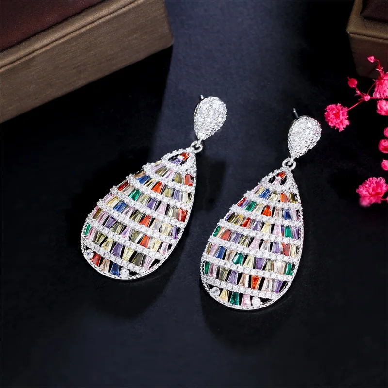 

New Style Copper Multicolor AAA Cubic Zirconia Show Face Thin Micro Inlaid Hollow Big Water Drop Earrings For Women Earrings