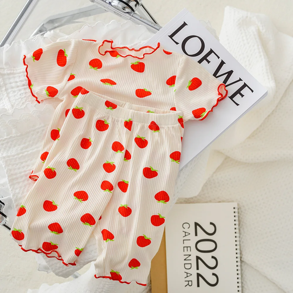 2022 Summer Baby Girls Clothes Set Kids Bear Strawberry Home Clothes Tops+shorts 2pcs Suit Children's Korean Clothing Suits baby girl cotton clothing set Baby Clothing Set