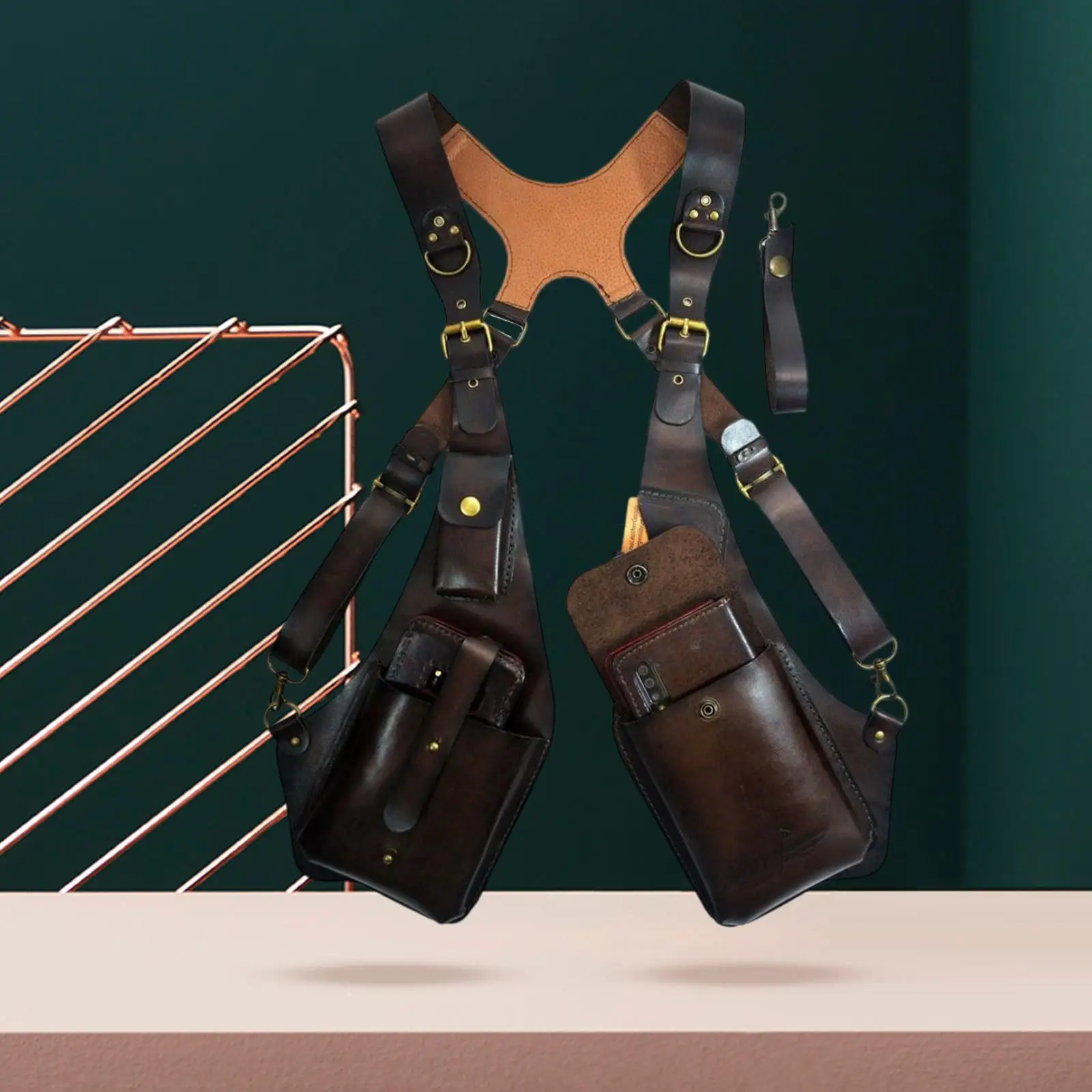 남성용 다중 어깨 하네스 버클 가방 내구성이 뛰어난 세련된 하네스 겨드랑이 피부 친화적인 어깨 전화 블랙 다크 브라운