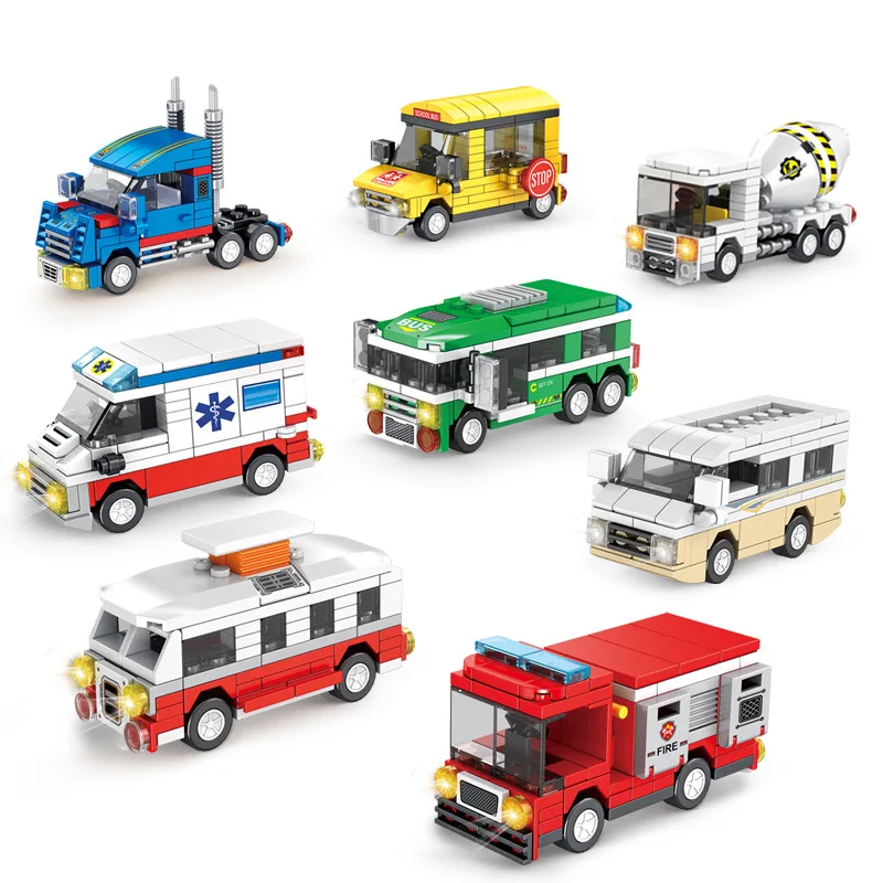 

Fire Truck Bus Mud Tank Truck City Car Small Particle Building Block Children's Puzzle Assembly Toy Boy Board Games Holiday Gift