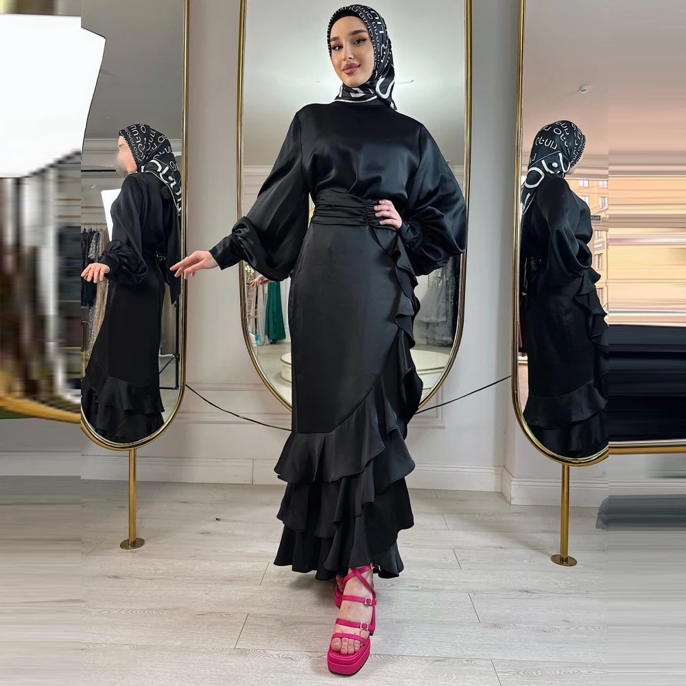 

Carolina High Neck Black A-Line Evening Dresses Women Saudi Arabia Puff Sleeves Vintage Wedding Guest Elegant Formal Party Gowns