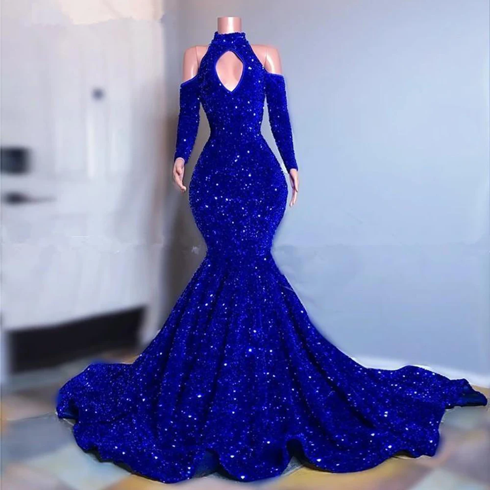 long evening gowns Royal Blue Sparkly Sequins Prom Dresses Long Sleeves Mermaid Evening Gowns 2022 Elegant Off Shoulder Women Formal Dress formal gowns