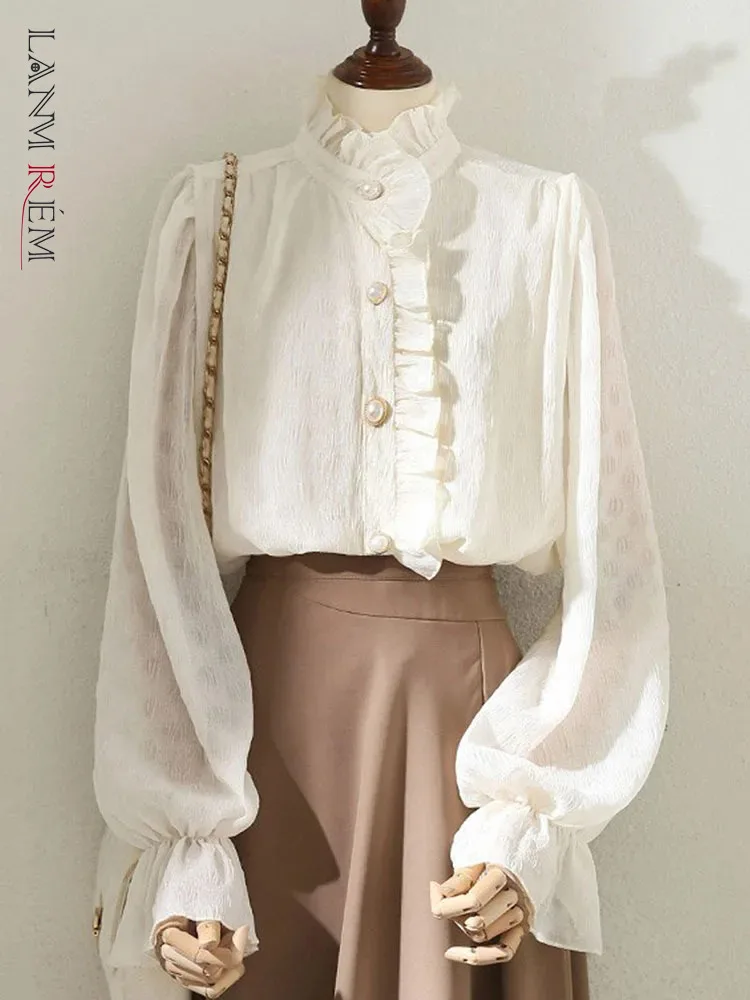 

LANMREM Fashion Lace Ruffles Women's Shirt Stand Collar Lantern Sleeves Solid Color Single Breasted Tops 2024 New 32C1008