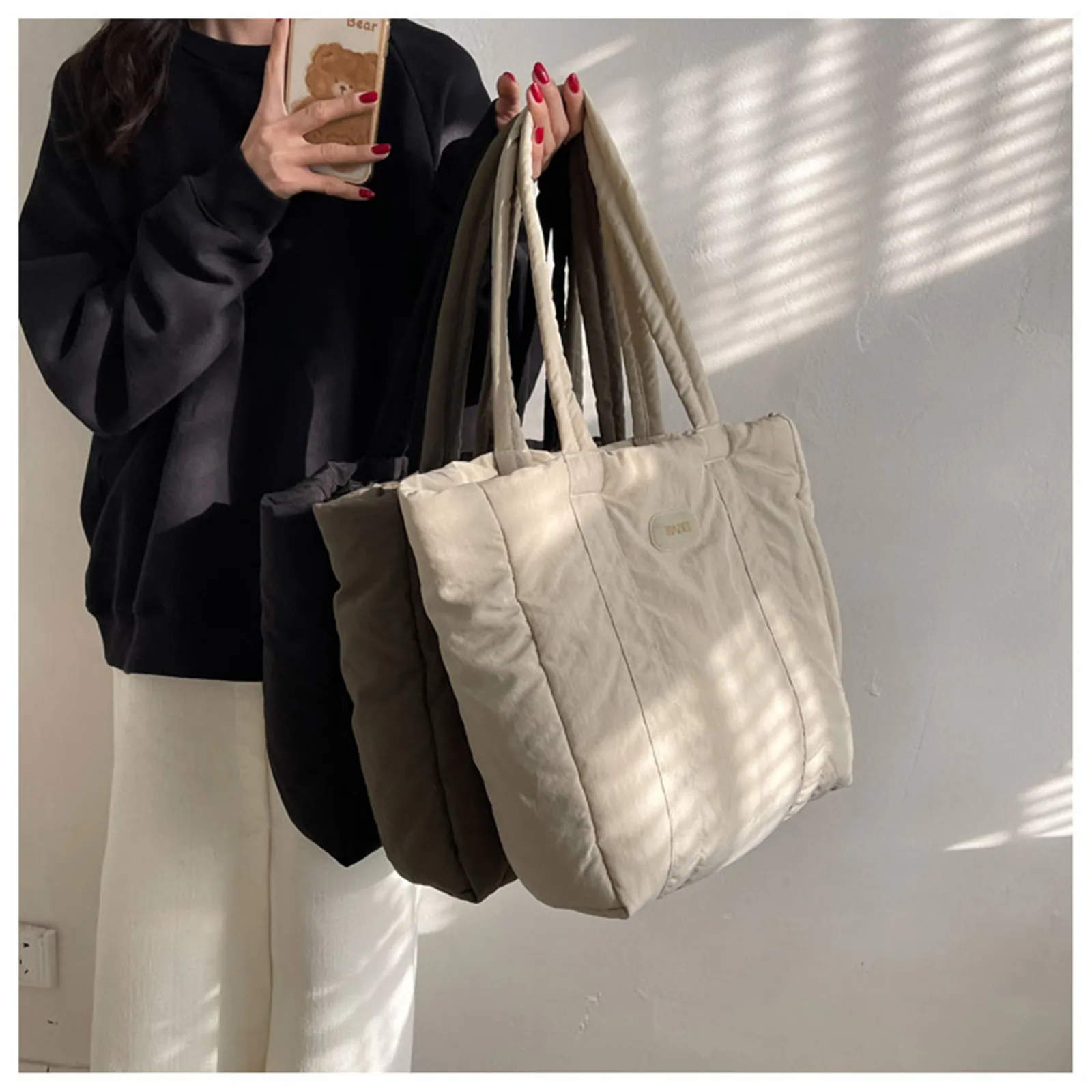 

New Fashion Large Tote Padded Handbags Autumn Quilted Women Shoulder Bags Luxury Winter Down Cotton Thread Crossbody Shopper Bag