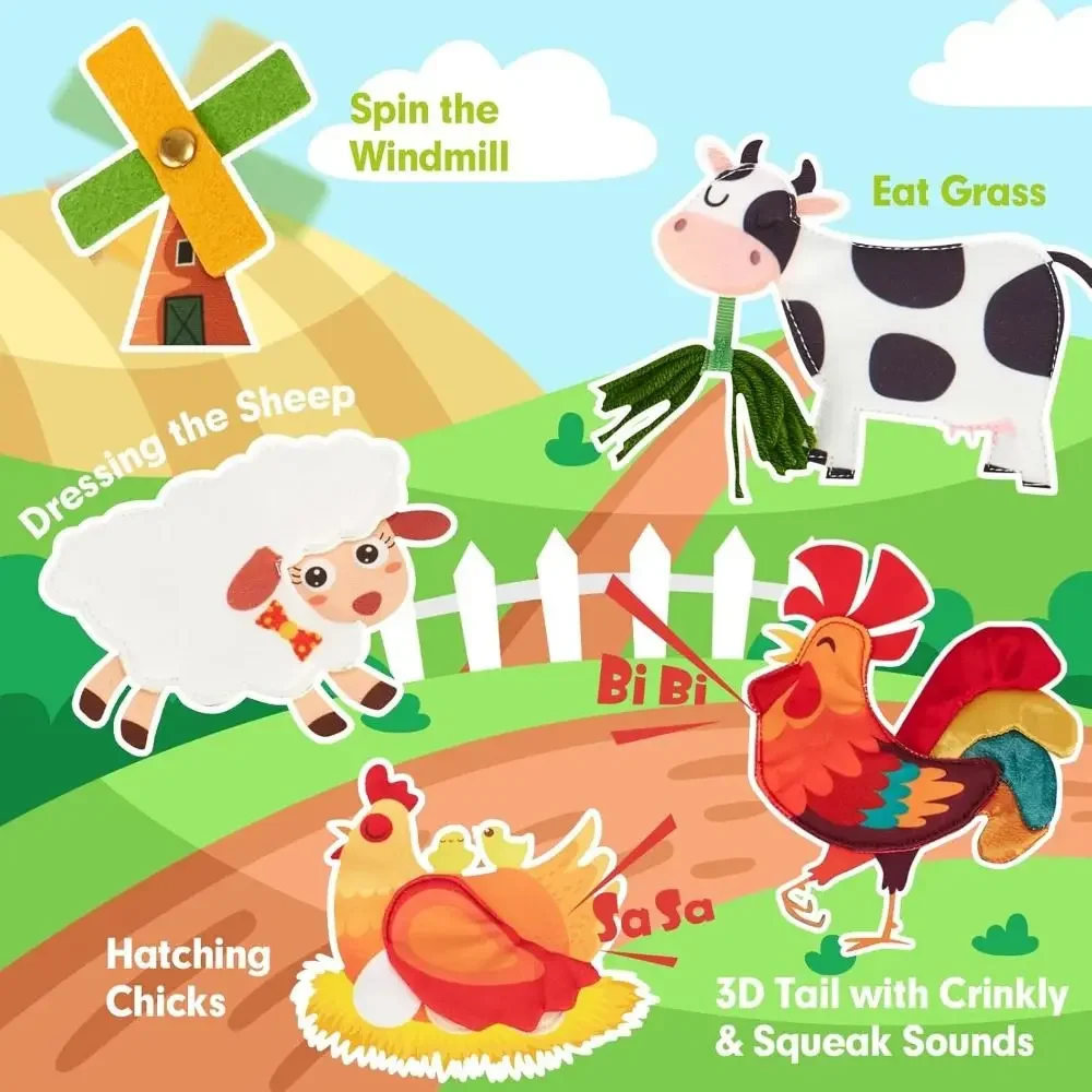 Educational Learning Farm Animal Story Montessori Felt Life Skills Matching Busy Cloth Quiet Book_voghion.com