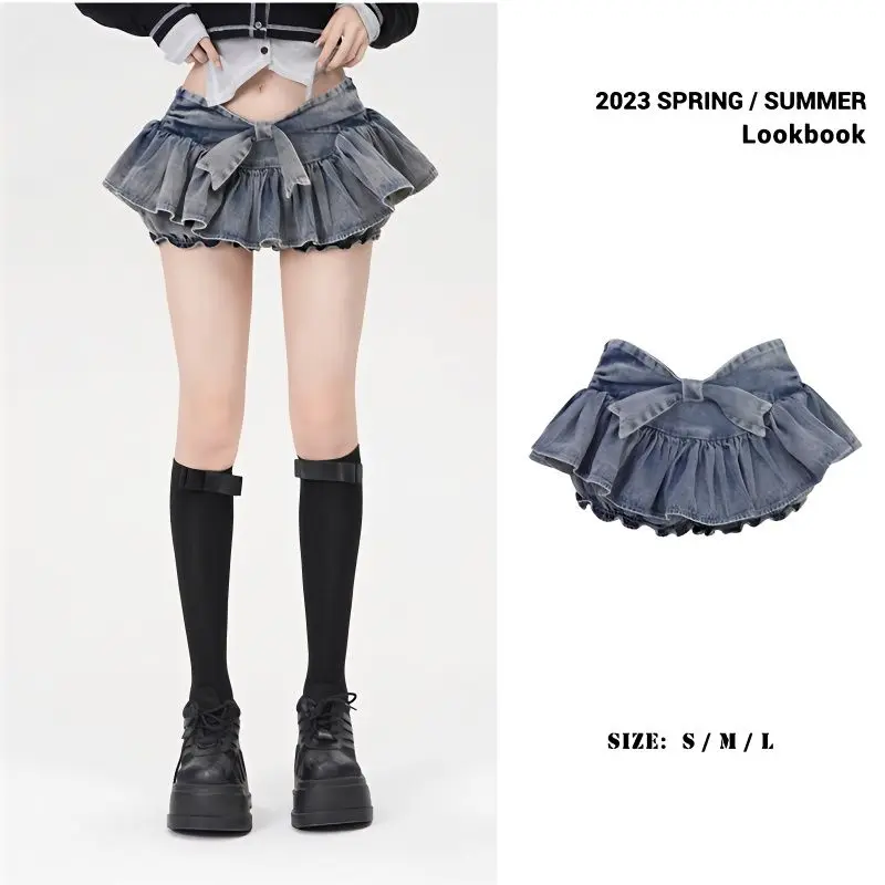 Y2k Bow Denim Skirt with shorts Women Vintage Gyaru Ruffle Low Waist