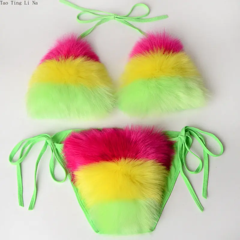 Faux Fox Swimsuit Women Beach Bikini Sexy Faux Fur Bikini