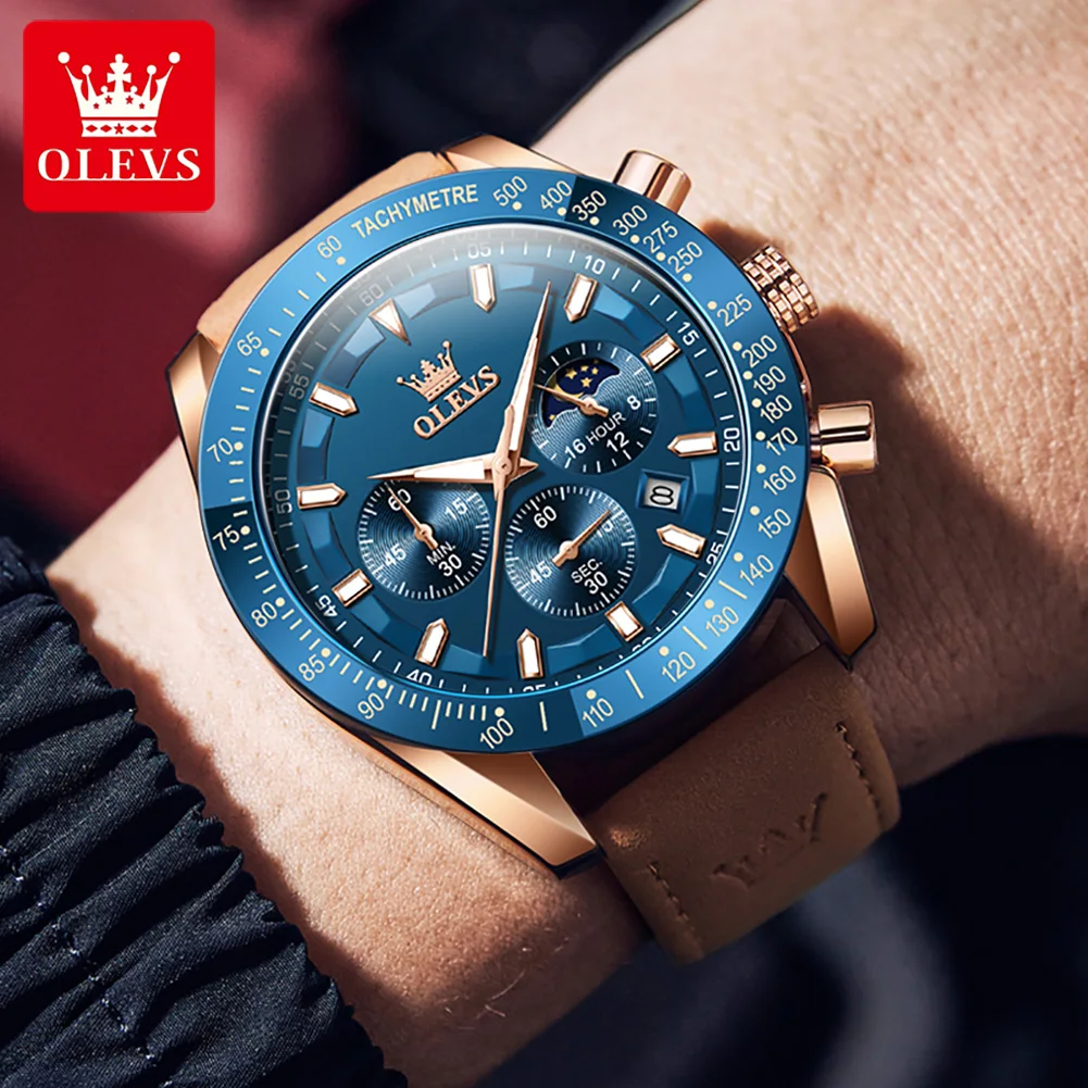 OLEVS Men's Watches Chronograph Moon Phase Original Quartz Wristwatches Luxury Leather Strap Waterproof Luminous Watches for Men