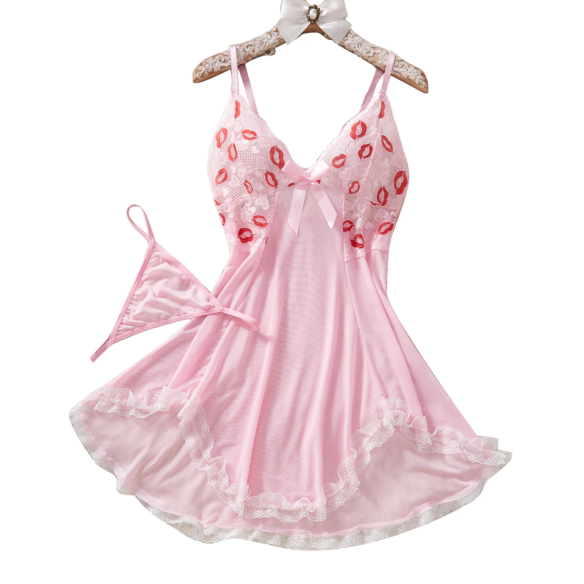 Seductive Pink Lace Babydoll Lingerie Set with Thong