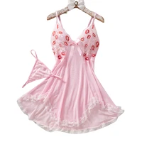 Pink Lips Sexy Lingerie Kawaii Babydoll Dress Women Lace See Through Nightdress Sleepwear Soft V Neck Erotic Pajamas With Thongs